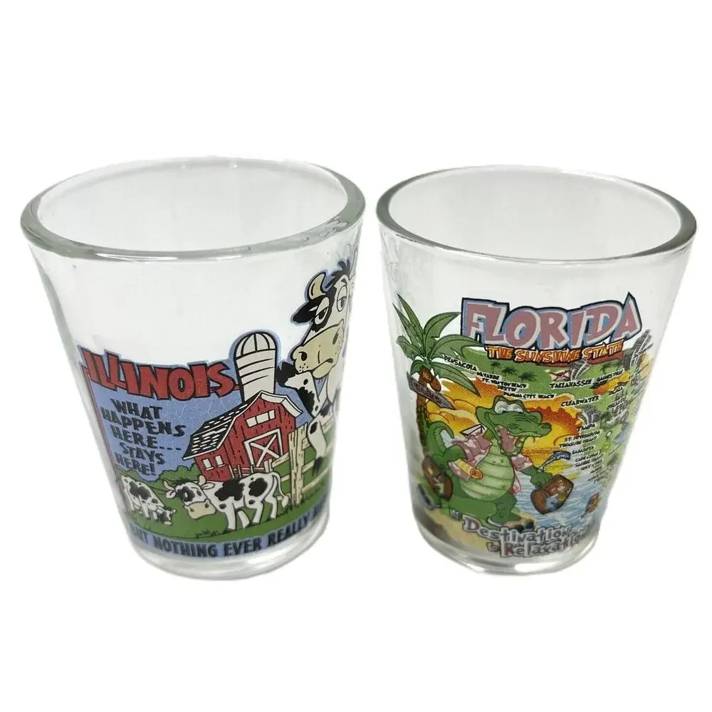 Lot of 2 Shot Glass Florida Sunshine State Illinois What Happens Here Stays Here
